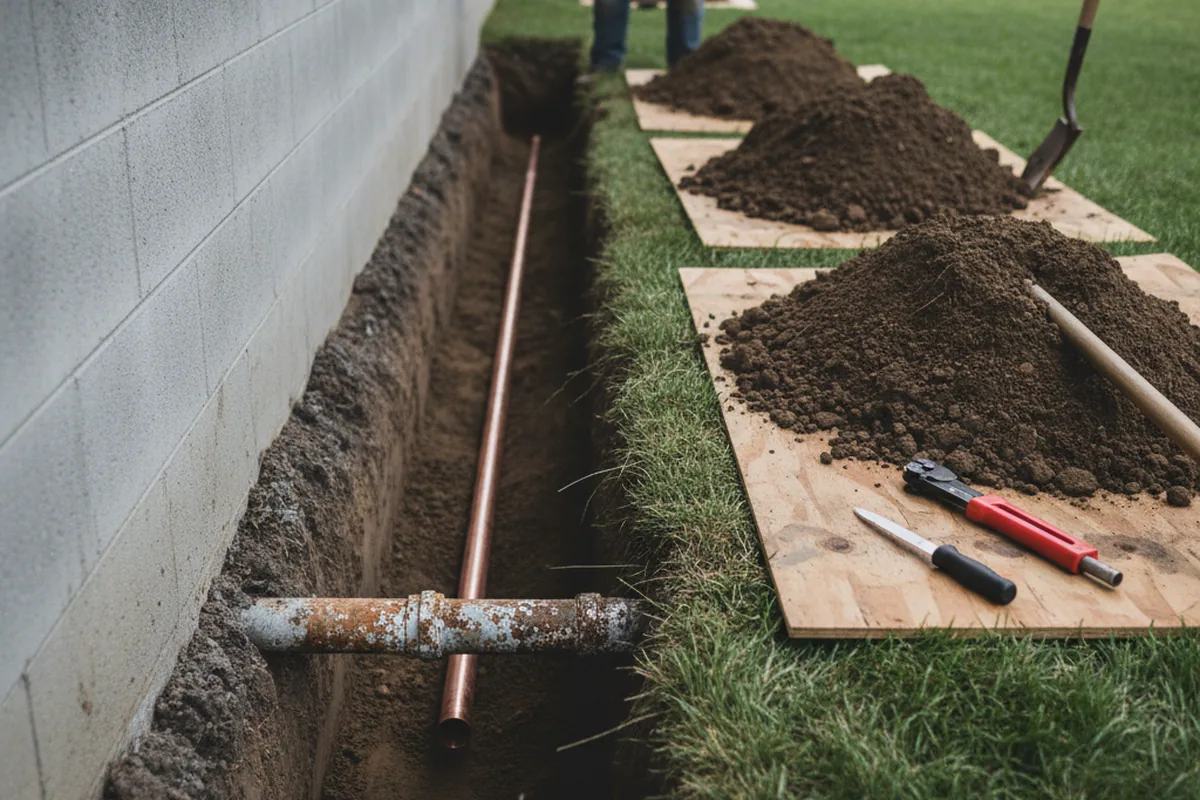 Excavated water line trench during Sewer Line Repair in Athens
